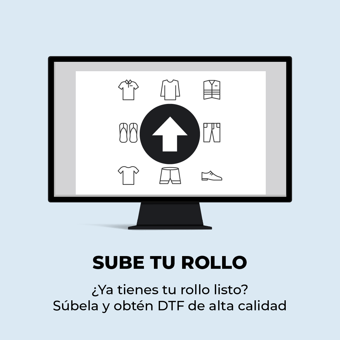 Rollo de DTF listo para imprimir, subida por el cliente para impresiones de alta calidad con tintas ecológicas.